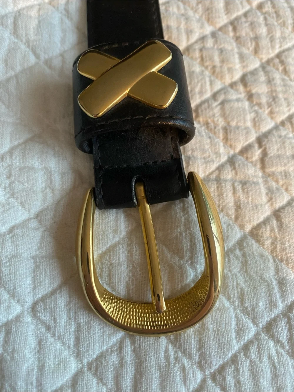 VTG Black Faux Leather Kiss Statement Belt Gold X Stud Accents Rock Punk Medium